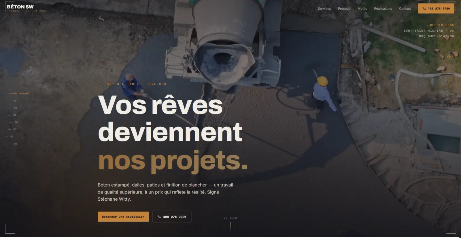 Page d'accueil du site Béton SW